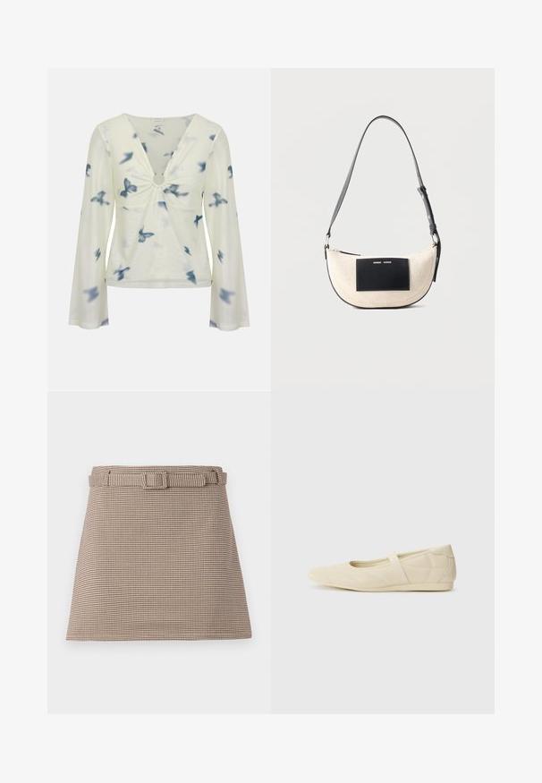 Hvid langærmet bluse med blå sommerfugleprint, dyb v-hals og en central ringdetalje, der samler stoffet ved brystet.; Brune og beige houndstooth-mønstrede shorts med bælte i taljen og rene linjer, skræddersyet struktur og glat stofstruktur.; Lysebrune ballet flats med en glat læderoverflade, mandelformet tå og elastisk rem over vristen, med diskrete syninger.; Beige skuldertaske formet som en halvmåne med justerbar sort rem og sort rektangulært mærke foran med lille hvid tekst.