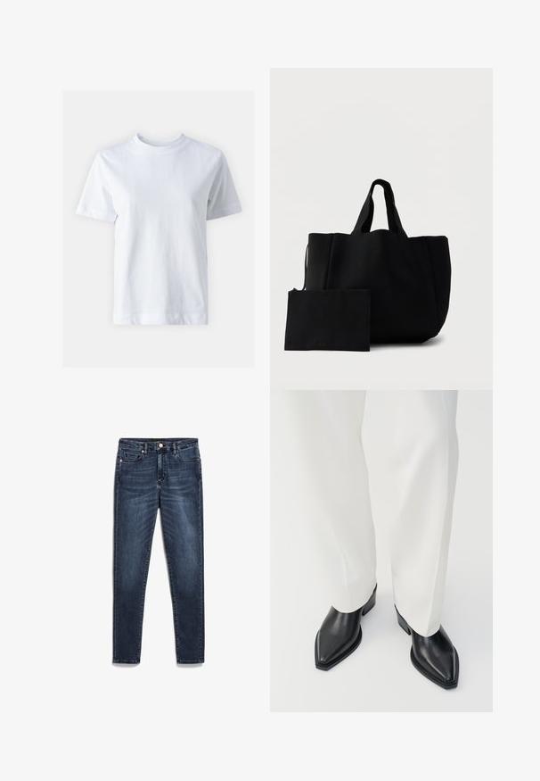Weißes Baumwoll-T-Shirt mit Rundhalsausschnitt, kurzen Ärmeln, gerader Schnittführung und glatter Textur. Keine Muster oder Verzierungen.; Dunkelblaue Denim-Jeans im Slim-Fit-Schnitt mit Reißverschluss, fünf Taschen und subtilen Ausbleichungen im gesamten Stoff.; Schwarze spitz zulaufende Stiefeletten aus glattem Leder mit flachen Blockabsätzen, kombiniert mit weißen, weiten Hosen. Schlichtes und modernes Design.; Schwarze strukturierte Tragetasche mit zwei kurzen Griffen, begleitet von einem passenden rechteckigen Beutel mit Reißverschluss, vor weißem Hintergrund.