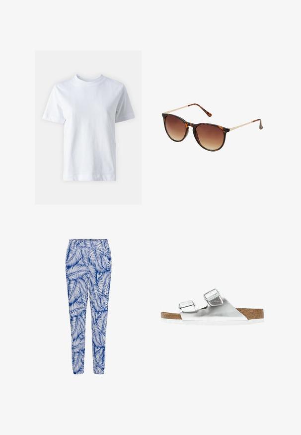 T-shirt en coton blanc avec un col rond, manches courtes, coupe droite et texture lisse. Sans motifs ni embellissements.; Pantalon bleu et blanc à motif featuring un design de feuilles, taille élastique et bas resserrés, fabriqué dans un tissu léger et respirant.; Sandale métallique argentée avec deux brides réglables, semelle intérieure en liège et semelle blanche. Surface supérieure lisse avec une finition brillante.; Lunettes de soleil en écaille de tortue avec des verres dégradés marron, forme œil de chat, accents en métal doré sur les branches, et monture en plastique lisse.