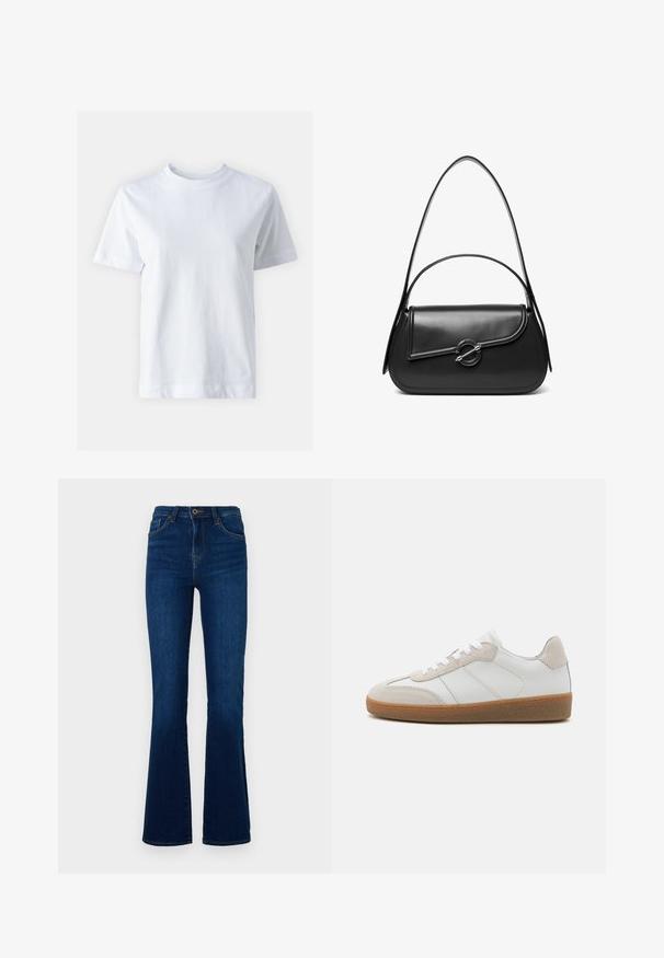 Witte katoen t-shirt met een ronde hals, korte mouwen, een rechte snit en een gladde textuur. Geen patronen of versieringen.; Donkerblauwe flared jeans van denim met een hoge taille, voorzien van voorzakken, een ritssluiting en subtiele stikseldetails.; Witte leren sneakers met beige suède accenten, een gestructureerde tong en een rubberen zool. Voorzien van witte veters en subtiele gestikte details.; Zwarte leren schoudertas met een gebogen klep die is bevestigd met een ronde metalen sluiting en een smalle, verstelbare band.