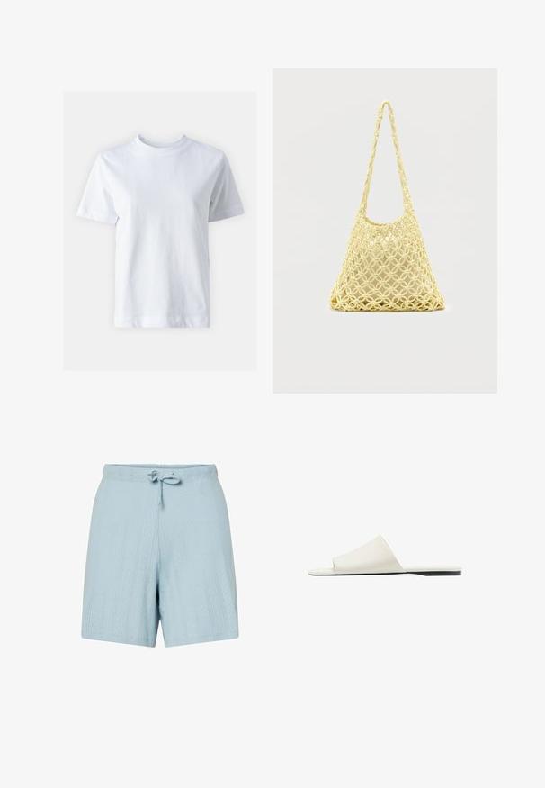 Hvid bomulds t-shirt med rund halsudskæring, korte ærmer, lige snit og glat tekstur. Ingen mønstre eller dekorationer.; Lyseblå bomuldsshorts med et struktureret mønster, snøre i taljen og en afslappet pasform. Har diagonale striber og diskrete diamantformer.; Hvid slidesandal med en bred rem og flad sål, vist i sidevisning på en hvid baggrund.; Gul makramé-nettaske med lang rem og beige pose indeni, vist på en ensartet hvid baggrund.