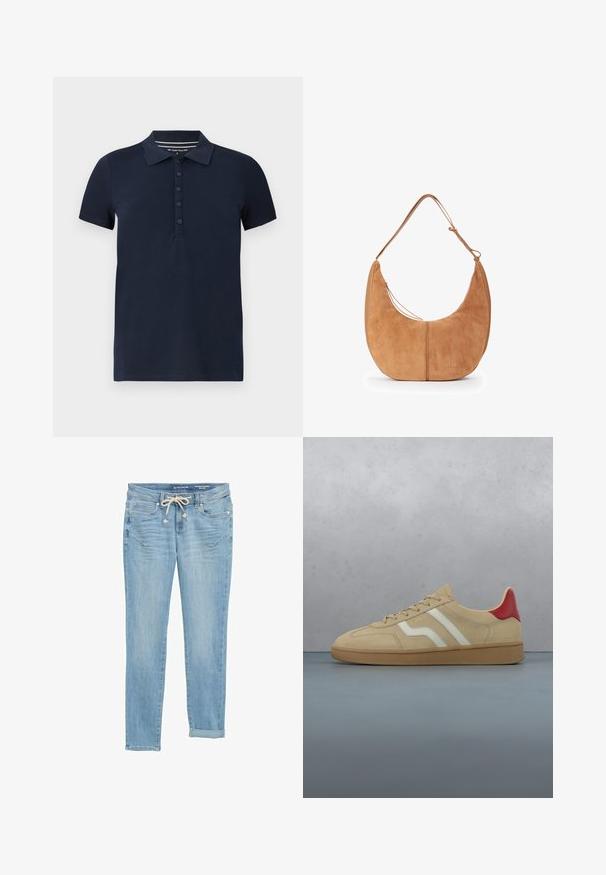 Marineblå kortærmet polo-shirt i bomuldsblandingsstof, der har en krave, en fem-knaps strop og en lige kant med minimal syning.; Lys blå denim jeans med lige pasform, elastisk snøre i taljen, opretstående nederste kant og forlommer. Designet med diskret slid.; Beige ruskindssneaker med rød hældetalje, hvide striber og en tekstureret tanfarvet gummisål. Har snørebånd og glat inderside.; Brun ante hobo taske med justerbar skulderrem, lynlåsdetalje og lille guld "MIRIADE" logo midt foran.