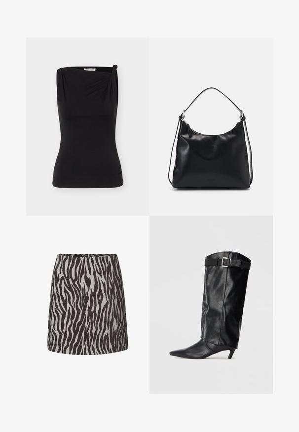 Zwarte, mouwloze nauwsluitende top met asymmetrische halslijn en een klein knoopdetail op één schouder.; Mini-rok met zwart en grijs zebra-printpatroon, rechte snit en een verborgen rits aan de achterkant.; Zwart leren kniehoog laars met een spitse neus en een kleine hak. Heeft een riem aan de bovenkant met een zilveren gesp. Gladde textuur.; Jonge vrouw met lang zwart haar zit op een houten blok, draagt een crèmekleurige outfit en houdt een zwarte leren schoudertas over haar borst.