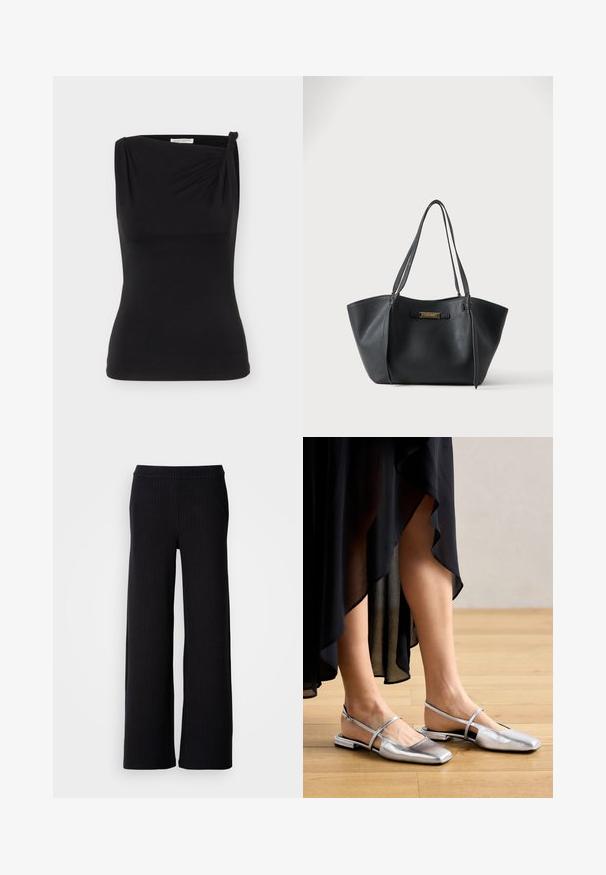 Zwarte, mouwloze nauwsluitende top met asymmetrische halslijn en een klein knoopdetail op één schouder.; Zwarte, wijde broek met verticale banen, gemaakt van een gestructureerde stof. Voorzien van een elastische tailleband voor comfort.; Zilveren metallic platte schoenen met een vierkante neusdesign, slingbackbandje en uitsnijdingen. Gladde textuur op een houten vloer.; Zwarte leren tote tas met dubbele schouderbanden en een klein goudkleurig merkplaatje aan de voorkant in het midden.