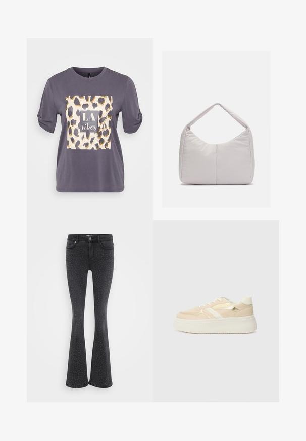 Grå kortærmet T-shirt med et leopardprint kvadrat med gyldne accentuer og teksten "LA vibes" i midten. Blødt, afslappet stof.; Sort brede jeans lavet af denim, med metalpyntede detaljer overalt. Fem lommer og lukning med knap foran.; Beige platform sneakers med en hvid sål. Udstyret med metalisk guld accents og en glat tekstur. Snørebåndsdesign med en rund tå.; Lys grå polstret skuldertaske med en buet form, der har en enkelt håndtag og en glat, textured overflade. Simpelt design uden yderligere hardware.
