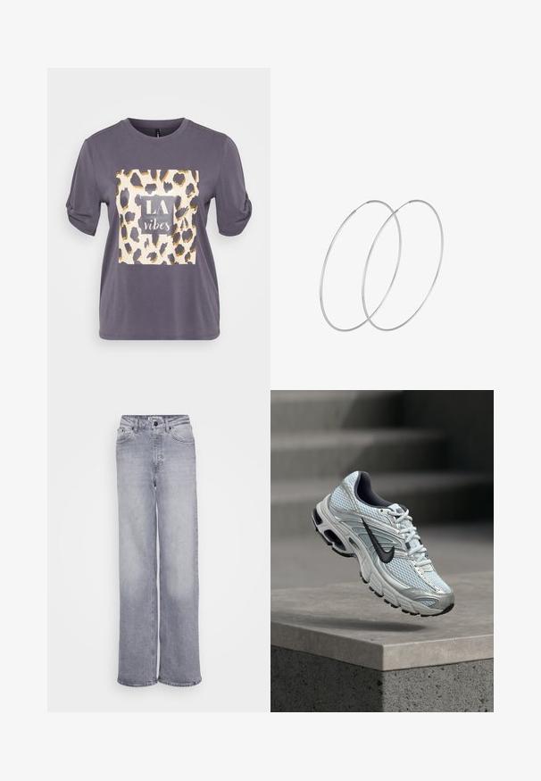 T-shirt gris à manches courtes avec un motif léopard en forme de carré, agrémenté de accents dorés et du texte "LA vibes" au centre. Tissu doux et décontracté.; ONLY Tall ONLJUICY WIDE LEG - Wide Leg - medium grey denim; Baskets de course Nike blanches et grises avec logo noir flottant au-dessus d'un rebord en béton sur fond gris flou.; Boucles d'oreilles en argent au design minimaliste. Forme circulaire, texture lisse et profil fin. Légères avec une finition polie.