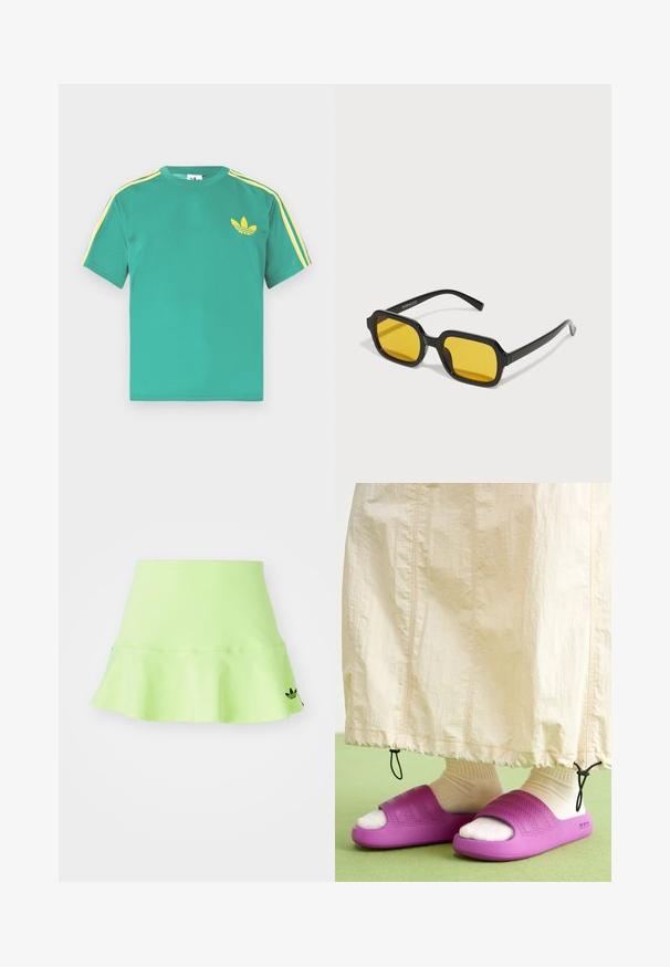 Vihreä puuvillainen lyhythihainen t-paita, jossa keltaiset raidat hartioilla ja kirjailtu kolmilehtinen logo rinnassa.; adidas Originals SKIRT - Minihame - signal green; Violetti kumisaappaat, joissa on teksturoitu nauhakuosi, käytetty vaalean kreemiväristen sukkien päällä, yhdistettynä vaaleanbeigeen hameeseen. Vihreä lattia.; Mustat suorakulmaiset aurinkolasit, joissa on keltaiset linssit. Ominaisuuksiin kuuluvat paksut kehykset ja kulmikas muotoilu, jossa on sileä, kiiltävä pinta.