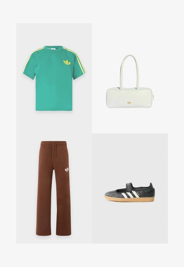 Grøn bomulds t-shirt med korte ærmer, med gule striber langs skuldrene og et broderet tre-bladet logo på brystet.; Brune sweatpants i blødt stof med en afslappet pasform, der har en elastisk talje, snørre og et hvidt logo på venstre lår.; Sort læder- og ruskinds sneakers med en Velcro-rem, der har tre hvide striber og en gummisål, mærket "SAMBA" på siden.; Hvid læderhåndtaske med to lange håndtag, rektangulær form, guldfarvet logoaccent og lyseblå piping langs kanterne. Lynlåslukning.