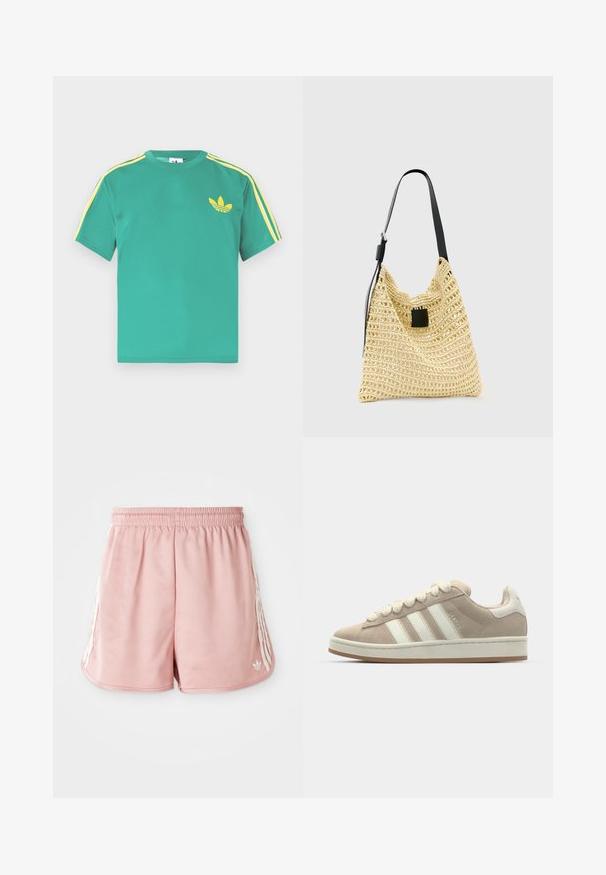 Grünes Baumwoll-T-Shirt mit kurzen Ärmeln, das gelbe Streifen entlang der Schultern und ein gesticktes dreiblättriges Logo auf der Brust zeigt.; Rosa Sportshorts mit einem elastischen Bund, seitlichen weißen Streifen und einem kleinen Logo auf der unteren linken Vorderseite. Glatte Stofftextur.; Hellbeige Wildlederschuhe mit weißen Lederstreifen und -schnürsenkeln, Gummisohle, gepolstertem Kragen und strukturierten Details auf der Oberseite.; Beige gewebte Tragetasche mit einem schwarzen verstellbaren Schultergurt und einem kleinen schwarzen rechteckigen Aufnäher vorne.