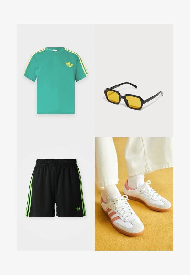 Groen katoenen T-shirt met korte mouwen, met gele strepen langs de schouders en een geborduurd logo van drie bladeren op de borst.; Zwarte sportshorts met een trekkoord in de taille, voorzien van drie verticale groene strepen aan elke kant en het groene Adidas-logo.; Witte sportschoenen met roze accenten, gemaakt van suede en leer, met een ronde neus en een rubberen zool, weergegeven met lichtgekleurde sokken op een gele achtergrond.; Zwarte rechthoekige zonnebril met gele lenzen. Kenmerken zijn onder andere dikke monturen en een hoekig ontwerp met een gladde, glanzende afwerking.