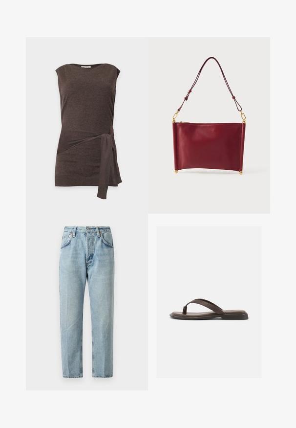 Ärmelloses, dunkelbraunes Stricktop mit rundem Ausschnitt und seitlichem Bindeband an der Taille vor neutralem Hintergrund.; Hellblaue Jeans aus Denim mit geradem Bein, fünf Taschen und subtilen Ausbleichungen. Verfügt über einen Knopfverschluss und Gürtelschlaufen.; Brauner Ledersandale mit flacher schwarzer Sohle und breitem Riemen über dem Fuß, seitlich auf weißem Hintergrund dargestellt.; Bordeauxrote Lederhandtasche mit rechteckiger Form, goldfarbenen Metallelementen, Reißverschluss und dünnem Schulterriemen. Glatte Oberfläche.