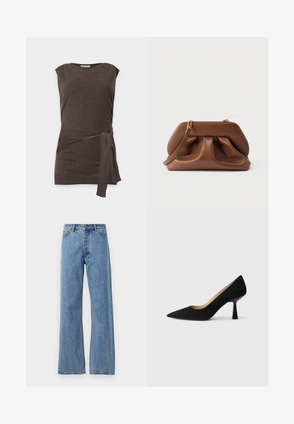 Mouwloze donkerbruine gebreide top met een ronde hals en een detail met zijstrik ter hoogte van de taille tegen een effen achtergrond.; Lichtblauwe hoge taille straight-leg jeans met een voorknoop, rits en vijf-pocket ontwerp op een effen witte achtergrond.; Zwarte suède high-heeled pump met een spitse neus, voorzien van een glanzende zwarte blokhak en een gladde binnenvoering.; Bruine leren clutch met een geplooid ontwerp, goudkleurige hardware en afneembare polsband, op een witte achtergrond.