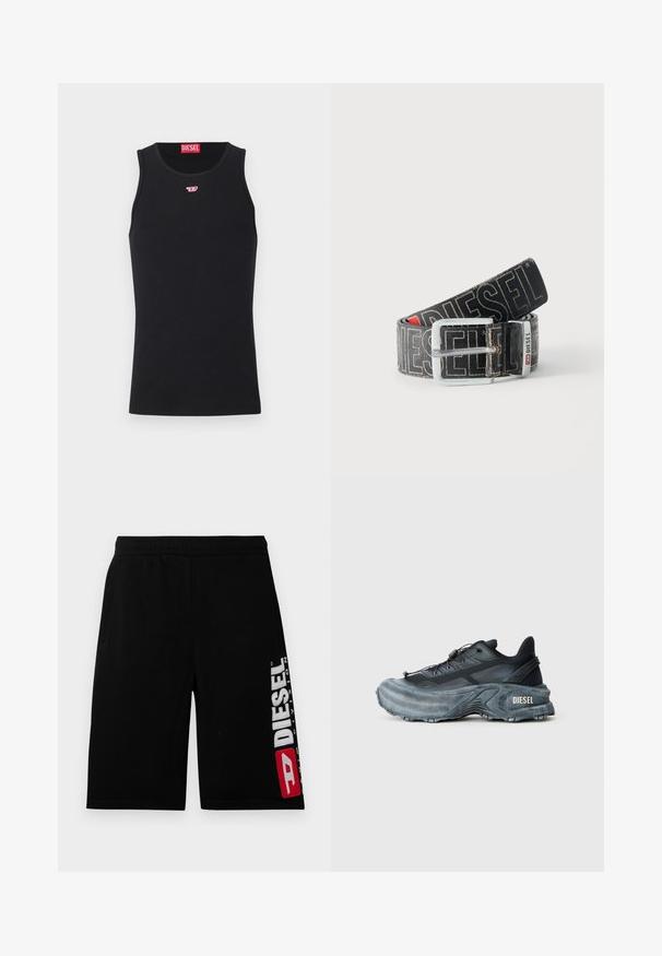 Débardeur noir sans manches Diesel avec petit logo rouge et blanc sur la poitrine et étiquette rouge Diesel à l'intérieur du col.; Shorts en coton noir avec une taille élastique, dotés de poches latérales et d'un logo DIESEL blanc et rouge audacieux sur la jambe gauche.; Baskets Diesel noires et grises avec semelle épaisse, système de laçage à bascule et design texturé sur fond gris clair uni.; Ceinture noire Diesel avec grand texte logo blanc, boucle rectangulaire en argent, et détail de boucle métallique brandée, enroulée sur un fond clair.