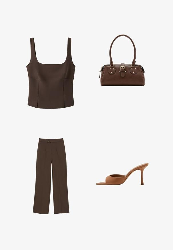 Top marron sans manches, court, avec un large décolleté carré et des coutures ajustées, en tissu texturé.; Pantalon large marron avec un bouton à l'avant et une fermeture éclair dissimulée, présentant des plis marqués le long des jambes.; Mule ouverte en cuir marron avec un talon haut fin et une large bride à l'avant, vue de profil sur fond blanc.; Sac à main en cuir marron avec deux poignées, une sangle centrale à boucle et des ferrures dorées, présenté sur fond blanc.