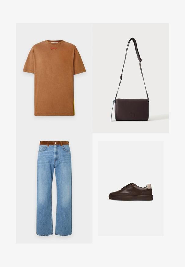 Iceberg T-shirt imprimé - nocciola; Jeans en denim bleu clair avec une coupe droite, dotés d'une taille en suède marron, de poches avant et d'une fermeture éclair.; Baskets en cuir marron foncé à profil bas avec une semelle rainurée et une languette beige clair au talon, vues de côté sur fond blanc.; Sac bandoulière en cuir marron foncé texturé avec une sangle réglable et un petit accent décoratif bleu sur le côté.
