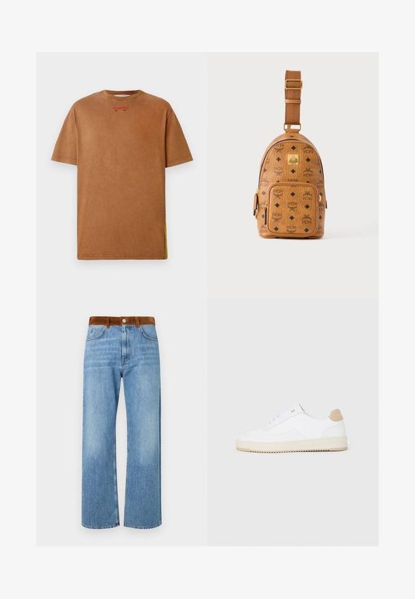 Iceberg T-shirt imprimé - nocciola; Jeans en denim bleu clair avec une coupe droite, dotés d'une taille en suède marron, de poches avant et d'une fermeture éclair.; Baskets basses blanches avec un dessus en cuir texturé, semelle crémée à stries, et accent de talon tan. Présente des lacets blancs et un logo sur le talon.; Petit sac bandoulière en cuir beige avec bandoulière réglable, poche zippée à l'avant et motif répété du logo noir MCM.