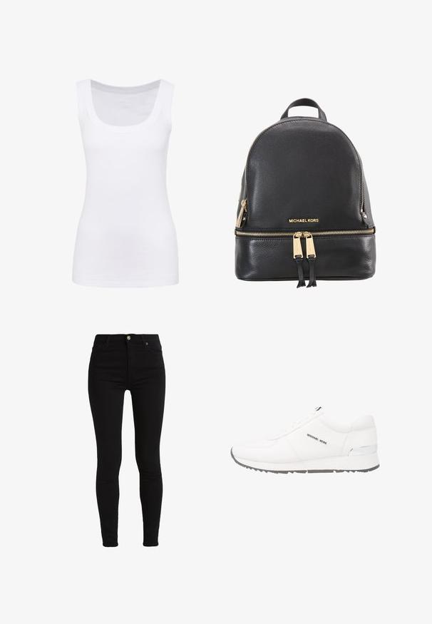 Hvid ærmeløs tanktop lavet af glat stof, med en rund halsudskæring og en tætsiddende silhuet. Ingen synlige mønstre eller detaljer.; Sorte slim fit jeans lavet af strækbart bomuldsblandingsstof. Har en frontlukning med knap og bæltestropper for justerbar pasform.; Hvide lædersneakers med en glat overflade, grå gummisål, syv snøreringe og en sølvdetalje på hælen. Logo fremvist på siden.; Sort læderrygsæk med rundet top, guldfarvet hardware, frontlomme med lynlås og et logo vist på frontpanelet. Glat tekstur.