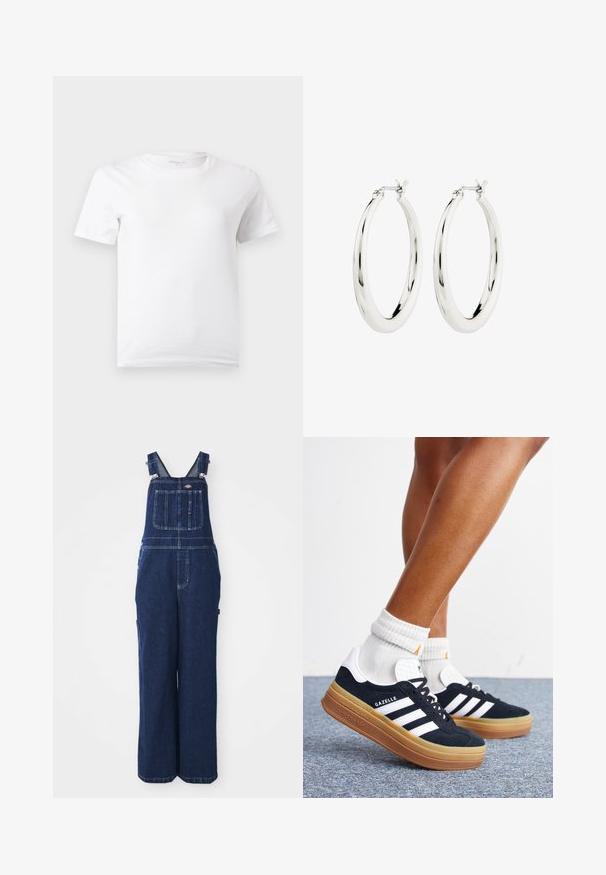 Effen wit T-shirt met korte mouwen en ronde hals, getoond tegen een lichtgrijze achtergrond.; Denim tuinbroek in donkerblauw, voorzien van verstelbare banden, een borstzak, zijzakken en een losse, wijde pasvorm. Klassieke stikdetails.; Ben met witte sokken en zwarte Adidas Gazelle sneakers met witte strepen en dikke bruine zolen op een grijs tapijt.; Zilveren oorbellen in de vorm van een gladde, glanzende ring. Circulaire vorm, voorzien van een veilige sluiting. Eenvoudig en elegant ontwerp.