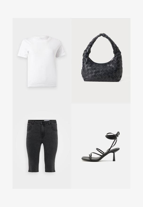 Enkelt hvid T-shirt med korte ærmer og rund hals, vist mod en lys grå baggrund.; Sorte denim capri-bukser med lige skæring, fem lommer og tonalt syning. Stoffet har en let tekstur og et klassisk design.; Sort strappy sandal med firkantet tå, justerbare ankelbind og en slank, blokhæl. Fremstillet af et glat, holdbart materiale.; Sort læder vævet skuldertaske med et afrundet håndtag og en halvmåneformet krop på en ensfarvet baggrund.