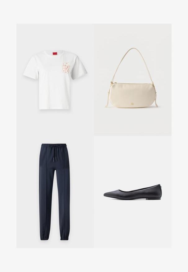 T-shirt en coton blanc à manches courtes, col rond, avec un logo "HUGO" rose clair imprimé sur la poitrine gauche. Étiquette rouge au niveau du cou.; Pantalons jogger bleu marine en tissu lisse et léger ; dotés d'une taille élastique avec cordon de serrage et de chevilles resserrées.; Chaussure plate en cuir noire à bout pointu avec petit talon, vue de profil sur fond blanc.; Petit sac à épaule de couleur crème avec une seule sangle, fermeture éclair et logo de marque doré discret à l'avant.