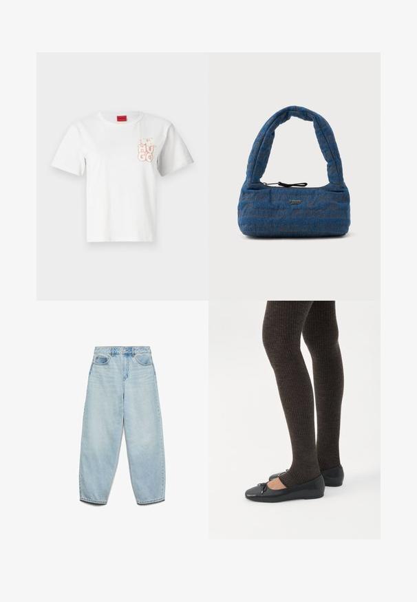 Valge puuvillane T-särk lühikeste varrukatega, ümmarguse kaelusega ja vasakul rinnal on heleroosa "HUGO" logo. Kaeluses on punane silt.; Heledad sinine denim naisest suits, millel on mugav lõige, kõrge talje ja laied jalad, kergelt kulunud tekstuuri ja klassikaline viie taskuga disain.; Jalad seljas tumedad soonelises soonelises kombines mustade baleriinadega, millel on väikesed paelade detailid valgel taustal.; Sinine teksakangast käekott, millel on pehme, kaarjas sang. Sellel on õrn pruun logomuster ja must tõmbluku sulgur.
