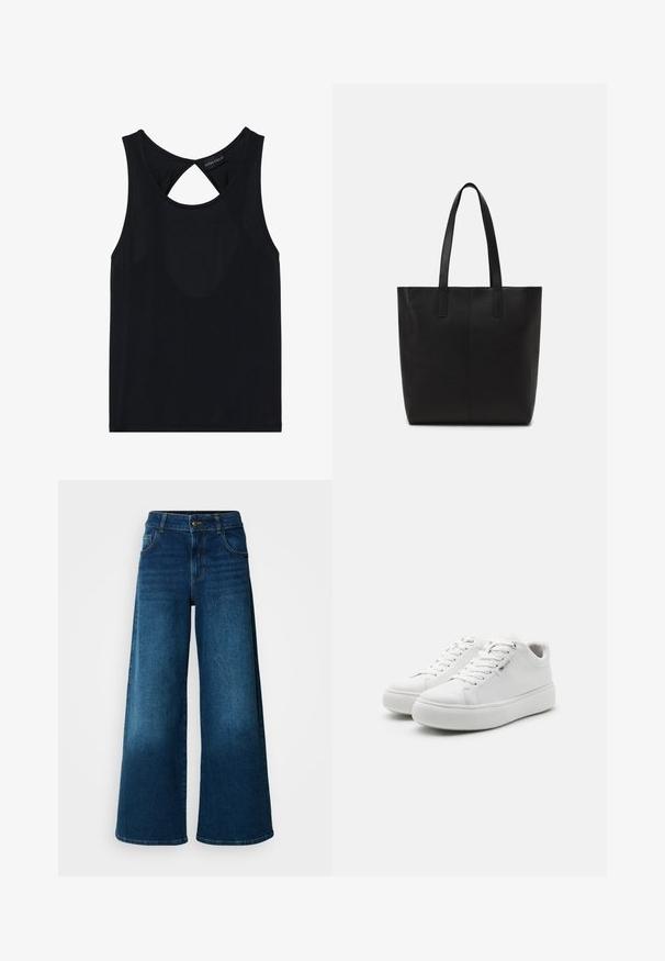Top negro sin mangas con cuello redondo, que presenta un detalle recortado en la parte posterior. Fabricado en tejido suave y elástico. Diseño sencillo sin patrones.; Jeans de pierna ancha hechos de denim azul oscuro. Presentan una cintura alta, cierre de botón y un diseño clásico de cinco bolsillos con un ligero desgaste.; Zapatillas bajas blancas con una parte superior de lona suave, puntera redonda y suela de goma gruesa. Presentan un cierre con cordones en la parte delantera y un diseño minimalista.; Bolso tote negro hecho de material texturizado, con dos asas largas y un diseño simple y minimalista sin herrajes visibles.