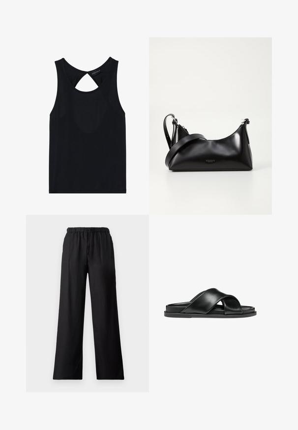 Haut sans manches noir avec un col rond, présentant un détail découpé au dos. Fabriqué en tissu lisse et élastique. Design simple sans motifs.; Pantalons larges noirs en tissu léger, dotés d'une taille élastique avec cordon de serrage et d'une texture lisse.; Sandales en cuir noir présentant des lanières croisées, une semelle plate, une texture lisse et un design minimaliste. Aucun matériel ou motif visible.; Sac à main en cuir noir avec une texture lisse. Dispose d'une bandoulière adjustable et d'un design élégant et minimaliste avec une fermeture éclair.