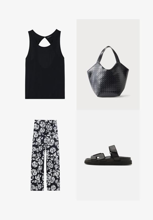 Top negro sin mangas con cuello redondo, que presenta un detalle recortado en la parte posterior. Fabricado en tejido suave y elástico. Diseño sencillo sin patrones.; Pantalones florales en tela azul marino con un patrón de flores blancas, con pierna ancha y un corte relajado. Textura suave, sin herrajes visibles.; Sandalias planas de cuero negro con diseño de tiras anchas con recortes geométricos y un acabado texturizado, complementadas con una suela gruesa de goma.; Bolso de mano negro de cuero con un patrón tejido, parte superior abierta y ancha y dos asas para el hombro, mostrado sobre un fondo claro y liso.