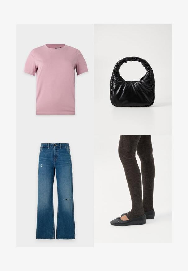 Camiseta simple de algodón rosa suave de manga corta con cuello redondo, mostrada sobre un fondo plano de color gris claro.; Jeans de mezclilla azul de piernas anchas con una textura desgastada, que presentan dos áreas desgastadas en la parte frontal, un cierre de botón y diseño de cinco bolsillos.; Piernas con leggings oscuros acanalados combinados con bailarinas negras que presentan pequeños detalles de lazo sobre un fondo blanco.; Bolso negro acolchado con un asa redondeada, que presenta una superficie lisa y brillante y una textura suave y acolchada. Sin herrajes ni acentos visibles.