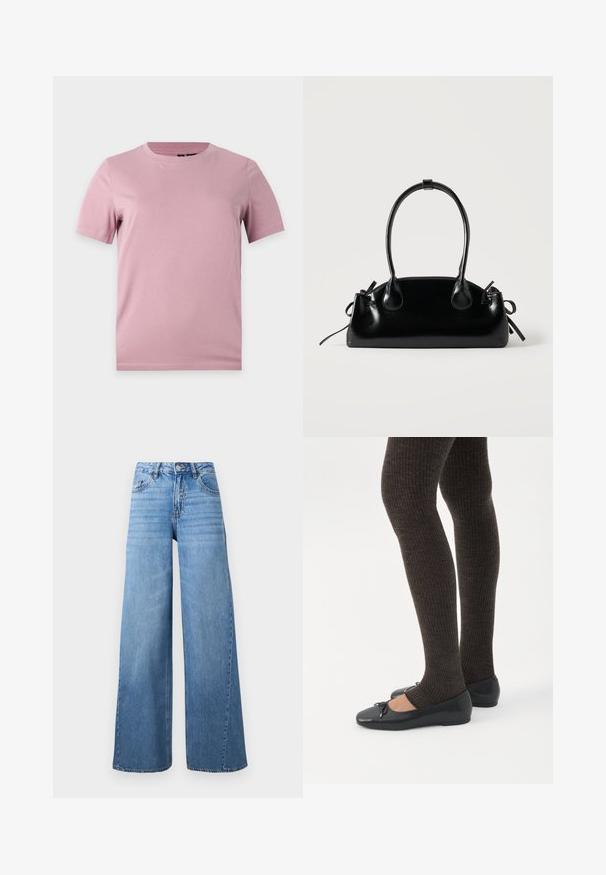 T-shirt uni en coton rose pâle à manches courtes avec col rond, présenté sur un fond plat gris clair.; Jean en denim bleu clair taille haute, jambes larges, bouton devant, fermeture éclair, et design classique à cinq poches.; Jambes portant des leggings côtelés foncés associés à des ballerines noires avec de petits détails en nœud sur fond blanc.; Petit sac à main noir brillant avec deux longues anses et des détails à cordon sur les côtés sur un fond clair uni.