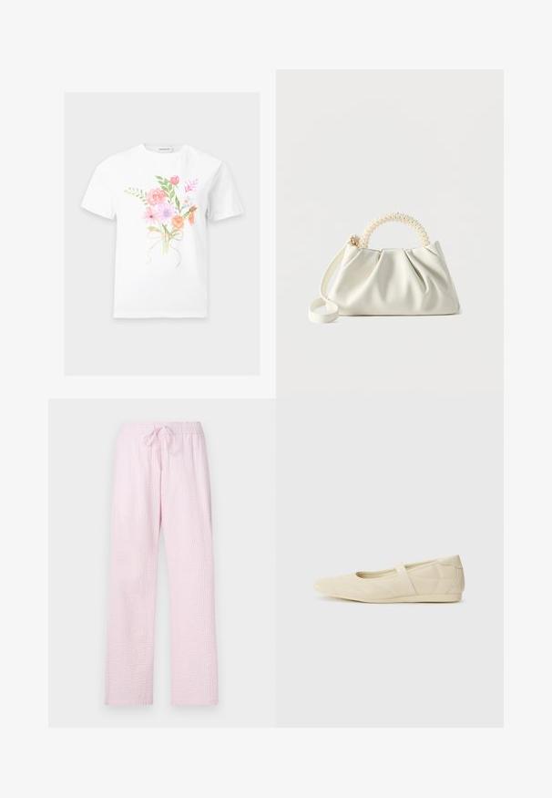 Hvid t-shirt med korte ærmer med et farverigt blomsterbuket design bundet med et bånd trykt midt på foran.; Lyserøde pyjamasbukser i et struktureret stof med en løs pasform, der har en elastisk talje og snøre til justering.; Lysebrune ballet flats med en glat læderoverflade, mandelformet tå og elastisk rem over vristen, med diskrete syninger.; Lille hvid håndtaske med ruched krop, rundt håndtag pyntet med perler og aftagelig skulderrem på en ensfarvet baggrund.