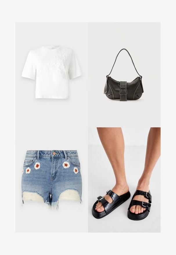 Weißes Baumwoll-T-Shirt mit kurzen Ärmeln, mit strukturiertem floralem Stickereimuster auf der linken Seite. Rundhalsausschnitt, lockere Passform.; Denim-Shorts mit ausgefranstem Saum, hellblaue Farbe, mit blütenförmiger Stickerei in Weiß und Braun an der Vorderseite. Fünf-Taschen-Design.; Schwarze Sandalen aus Kunstleder mit Krokodil-Prägung und zwei verstellbaren Schnallen. Dicke Sohle und offenes Design. Texturierte Oberfläche und flache Form.; Schwarze Leder-Schultertasche mit Schnallengurt-Detail, abgerundeten Kanten und kontrastierenden weißen Nähten auf schlichtem Hintergrund.