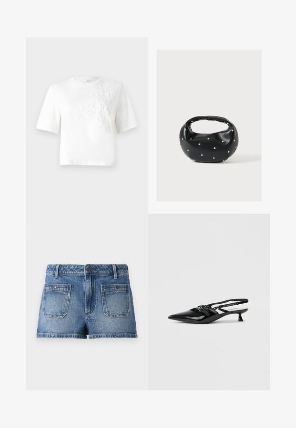 Hvid bomulds T-shirt med korte ærmer, med struktureret blomsterbroderi på venstre side. Rund hals, afslappet pasform.; Denim shorts i lys blå med en falmet finish, fem-lomme design, to forlommer, to baglommer og en knaplukning i taljen.; Sort laklæder slingback-sko med spids tå, lille blokhæl og justerbar rem med udskæringsdetaljer og logoaccenter.; Sort læderhåndtaske med en rundet form, dekoreret med sølvnitter, og et kort håndtag. Glat tekstur og lynlåslukning.