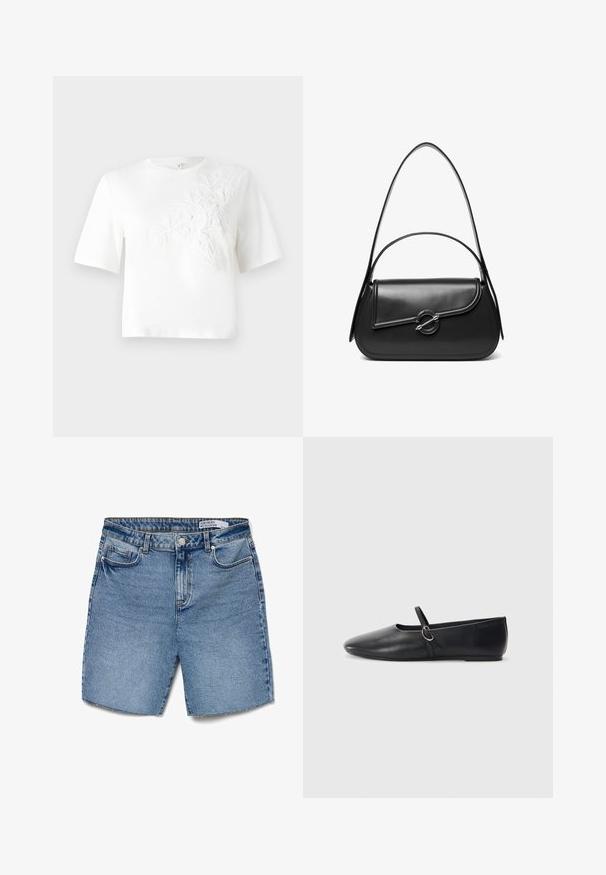Witte katoenen t-shirt met korte mouwen, met textuur bloemenborduursel aan de linkerkant. Ronde halslijn, ruime pasvorm.; Lichtblauwe denimshorts met een hoge taille, vijf zakken en een rechte snit. Voorzien van een knoopsluiting en minimale uitscheuring aan de zoom.; Zwarte leren balletschoenen met een spitse neus, platte zool en een kleine strap met een zilveren gespsluiting.; Zwarte leren schoudertas met een gebogen klep die is bevestigd met een ronde metalen sluiting en een smalle, verstelbare band.