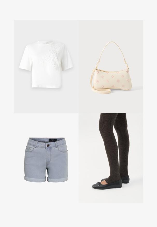 T-shirt en coton blanc à manches courtes, avec un broderie florale texturée sur le côté gauche. Encolure ronde, coupe décontractée.; Shorts en denim bleu clair avec un ourlet retroussé, dotés de cinq poches et d'une fermeture à bouton. Le tissu a une texture lisse et des détails de couture subtils.; Jambes portant des leggings côtelés foncés associés à des ballerines noires avec de petits détails en nœud sur fond blanc.; Petit sac à main couleur crème avec motifs géométriques roses, fermeture éclair dorée, poignée courte et bandoulière longue amovible sur fond neutre.