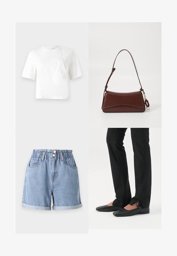 Hvid bomulds T-shirt med korte ærmer, med struktureret blomsterbroderi på venstre side. Rund hals, afslappet pasform.; Lysblå denimshorts med elastisk talje, to frontlommer, opsmøgede kanter og dobbeltknaplukning. Glat tekstur, afslappet design.; Ben iført sorte smalle bukser med forreste slidser ved kanten, parret med sorte flade Mary Jane-sko med lille spænde.; Brun læderhåndtaske med en buet silhuet, enkelt rem og guldlukninger. Har en flettet detalje og en glat, mat tekstur.