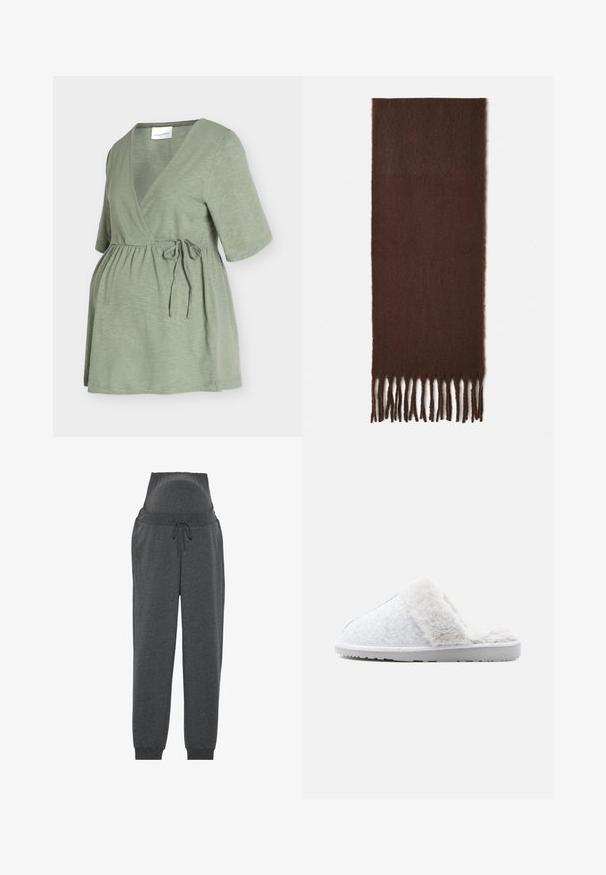 Top de maternidad verde claro con mangas cortas, cuello en V, cintura fruncida y detalle de lazo lateral sobre un fondo liso.; Pantalones de chándal de maternidad grises con una cintura alta, cierre con cordón y puños elásticos. Fabricados con un tejido suave para mayor comodidad y flexibilidad.; Zapatilla gris de felpa con un forro de piel sintética blanca y suela de goma blanca. Diseño abierto en la parte posterior, textura suave y forma minimalista.; Bufanda de lana marrón con extremos flecados. Textura suave, forma rectangular y color uniforme en toda la superficie. Sin patrones ni detalles adicionales.