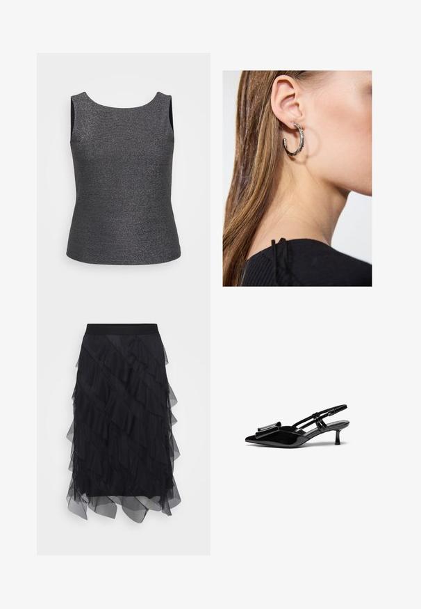 Top sin mangas en gris oscuro con un brillo metálico, que presenta un escote redondo y una forma ajustada, fabricado con una tela texturizada.; Falda de tul negra con volantes en capas, una cinturilla elástica y una silueta fluida. La textura transparente aporta ligereza y movimiento.; Zapatos de tacón slingback de charol negro con punta afilada, detalle de lazo en el frente y un pequeño tacón de aguja. Las correas tienen hebillas ajustables.; Pendiente de aro de plata con un acabado pulido, que presenta pequeños detalles en dorado y una forma redonda, llevado en el lóbulo.