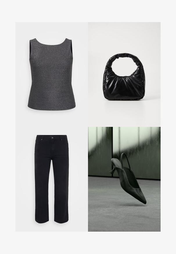 Ärmeloses top i mørkegrå med metallisk glans, med en rund halsudskæring og en tætsiddende form, lavet af et struktureret stof.; Sorte denimjeans med lige ben-design. Funktioner inkluderer en knaplukning i taljen, bæltestropper og front-/baglommer. Glat tekstur.; Sort læder slingback højhælet sko med spids tå svævende over gråt tæppe, sløret grønlig væg i baggrunden.; Sort polstret håndtaske med et rundt håndtag, der har en glat, skinnende overflade og en blød, kviltet tekstur. Ingen synlige hardware eller accenter.