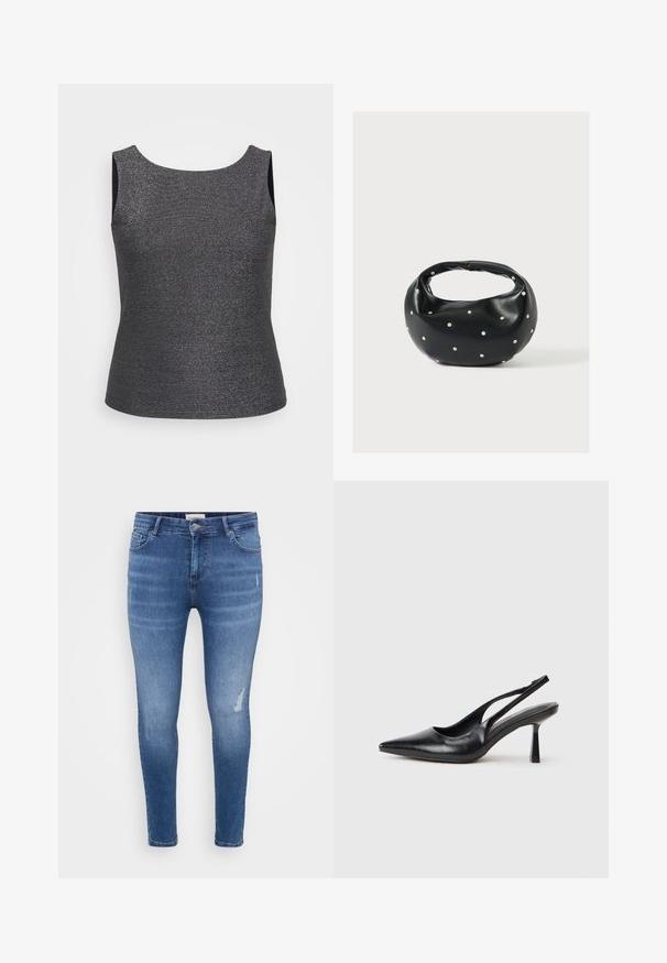 Top sin mangas en gris oscuro con un brillo metálico, que presenta un escote redondo y una forma ajustada, fabricado con una tela texturizada.; Vaqueros ajustados de denim en un tono azul claro con ligeras arrugas, toques desgastados, cinco bolsillos y cierre de cremallera. Textura suave.; Zapato de tacón alto negro de cuero con puntera afilada y tacón delgado sobre un fondo blanco.; Bolso de mano de cuero negro con forma redondeada, decorado con detalles de tachuelas plateadas y un asa corta. Textura lisa y cierre con cremallera.