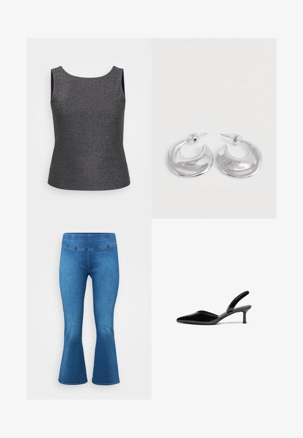 Top sin mangas en gris oscuro con un brillo metálico, que presenta un escote redondo y una forma ajustada, fabricado con una tela texturizada.; Pantalones de mezclilla azules acampanados con una cintura de altura media, que presentan una textura suave y un diseño clásico de cinco bolsillos. Terminados con un sutil detalle de costura.; Tacones slingback de charol negro con punta afilada, tacón de aguja bajo y un diseño elegante y simple sin adornos.; Un par de pendientes de aro en forma de media luna pulidos en plata, con respaldos de plástico transparente, sobre una superficie blanca.