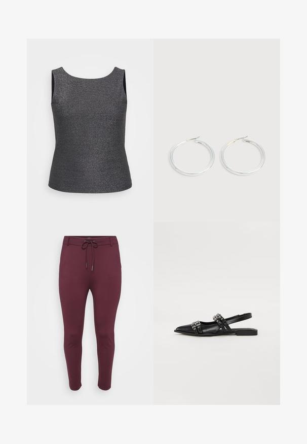 Top sin mangas en gris oscuro con un brillo metálico, que presenta un escote redondo y una forma ajustada, fabricado con una tela texturizada.; Pantalones elásticos burdeos con cintura ajustable, que presentan un diseño ajustado y piernas ceñidas, exhibidos sobre un fondo blanco.; Even&Odd by Zalando Bailarinas con tira trasera - black; Pareja de pendientes de aro plateados brillantes con cierres de alambre delgado, mostrados sobre un fondo gris claro.