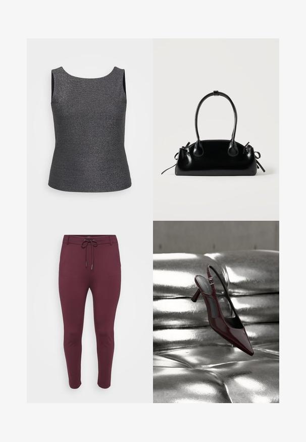 Top sin mangas en gris oscuro con un brillo metálico, que presenta un escote redondo y una forma ajustada, fabricado con una tela texturizada.; Pantalones elásticos burdeos con cintura ajustable, que presentan un diseño ajustado y piernas ceñidas, exhibidos sobre un fondo blanco.; Zapato de tacón alto de charol rojo oscuro con tira trasera y puntera puntiaguda, exhibido sobre una superficie de cuero plateado brillante capitonada.; Pequeño bolso negro brillante con dos asas largas y detalles de cordón lateral sobre un fondo claro liso.