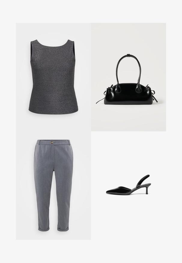 Débardeur sans manches en gris foncé avec un éclat métallique, doté d'un col rond et d'une coupe ajustée, fabriqué à partir d'un tissu texturé.; Pantalons gris ajustés avec une texture tissée lisse, ourlets à enfiler, poches avant et fermeture à bouton à la taille.; Escarpins à talon aiguille en cuir verni noir, avec un bout pointu, un talon aiguille bas et un design élégant et simple sans embellissements.; Petit sac à main noir brillant avec deux longues anses et des détails à cordon sur les côtés sur un fond clair uni.