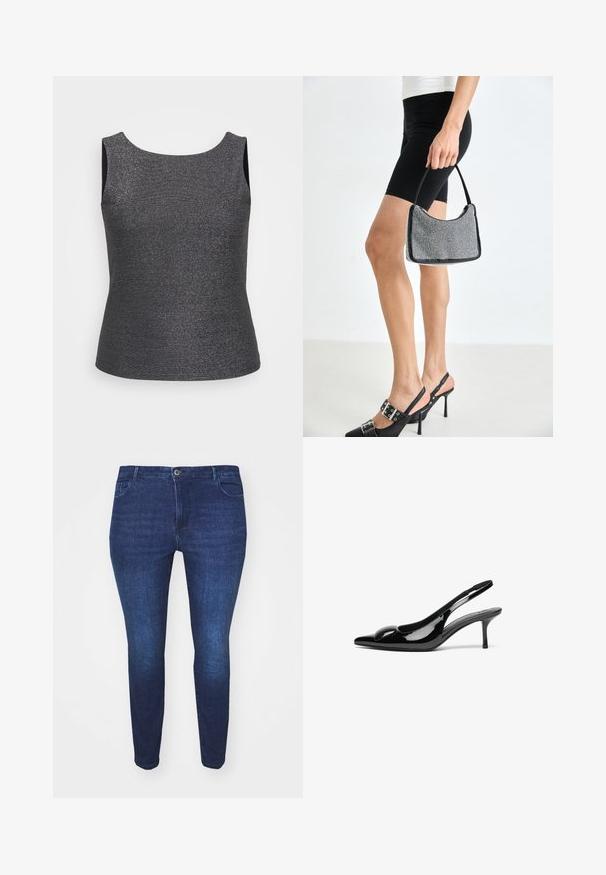 Ärmeloses top i mørkegrå med metallisk glans, med en rund halsudskæring og en tætsiddende form, lavet af et struktureret stof.; Mørkeblå slim-fit denim jeans med frontknap og lommer, vist fra forsiden mod en hvid baggrund.; Sorte laklæder slingback hæle med spidse tæer og en blank finish. Har en slank hæl og en rund detalje ved vampen.; Sort perlehandtaske med en buet silhuet, bærehåndtag og blank overflade. Båret med højhælede sorte sko og tætsiddende sorte shorts.
