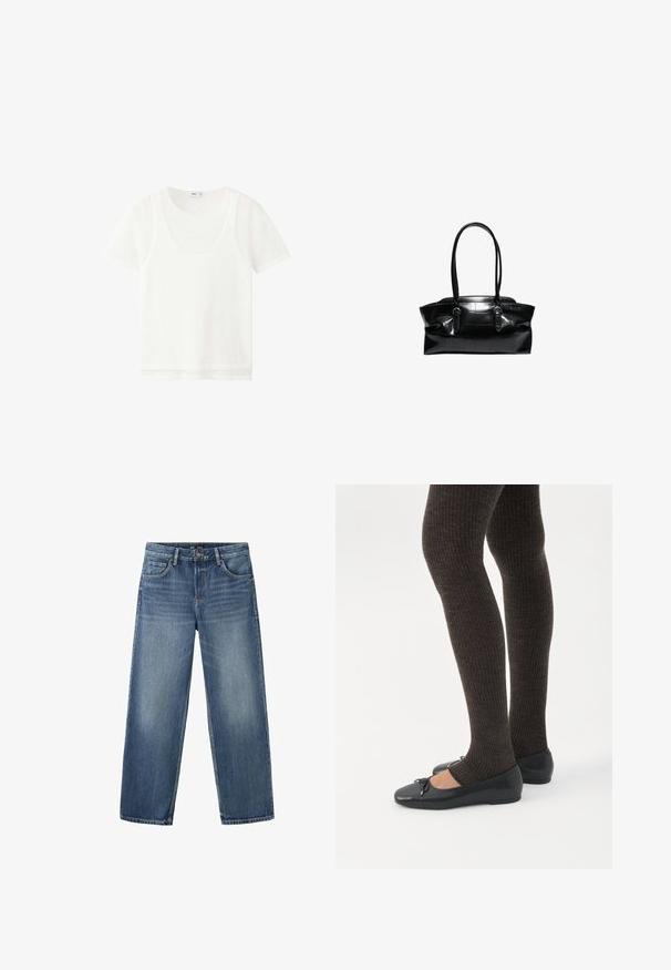 T-shirt blanc à manches courtes superposé avec un col rond et un tissu légèrement transparent, présenté sur un fond blanc uni.; Jean droit en denim bleu avec poches avant, passants de ceinture et fermeture par bouton.; Jambes portant des leggings côtelés foncés associés à des ballerines noires avec de petits détails en nœud sur fond blanc.; Sac à main en cuir noir avec deux longues anses et des détails à boucle, avec un motif quadrillé texturé sur la surface.