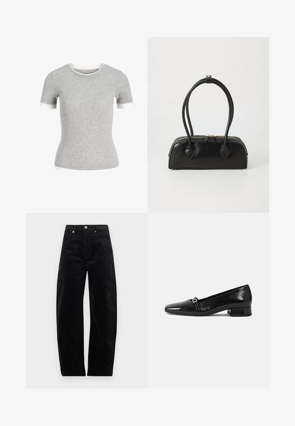 T-shirt gris ajusté à manches courtes en tricot avec bordure blanche aux manches, à l'encolure et à l'ourlet.; Pantalon droit en velours côtelé noir avec fermeture à bouton et zip à l'avant, poches avant et arrière, présenté sur un fond uni.; Ballet flats en cuir verni noir avec un bout pointu, un petit talon carré et un détail de boucle métallique sur la sangle. Texture lisse.; Sac à main en cuir noir avec deux anses allongées, fermeture éclair et forme arrondie ; texture lisse avec une finition légèrement brillante.