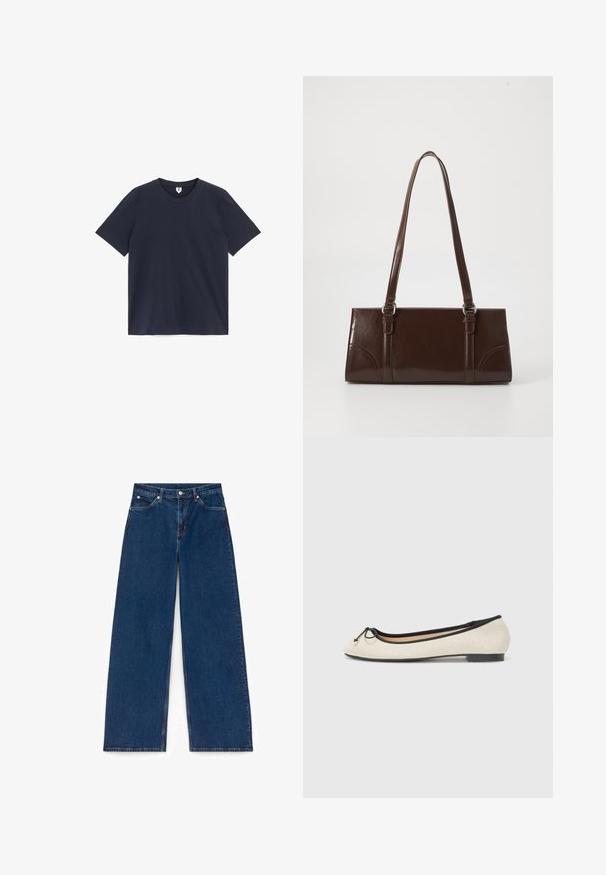T-shirt uni bleu marine foncé à manches courtes et col rond, posé à plat sur un fond blanc.; Jean large en denim bleu foncé avec poches avant, passants pour ceinture, fermeture à boutons et coutures visibles sur fond blanc.; Ballerine en textile beige avec une bordure noire. Affiche un bout arrondi et un petit nœud en accent sur le devant. Semelle basse.; Sac à main en cuir verni marron de forme rectangulaire, avec deux longues poignées et des accents courbés subtils à l'avant.