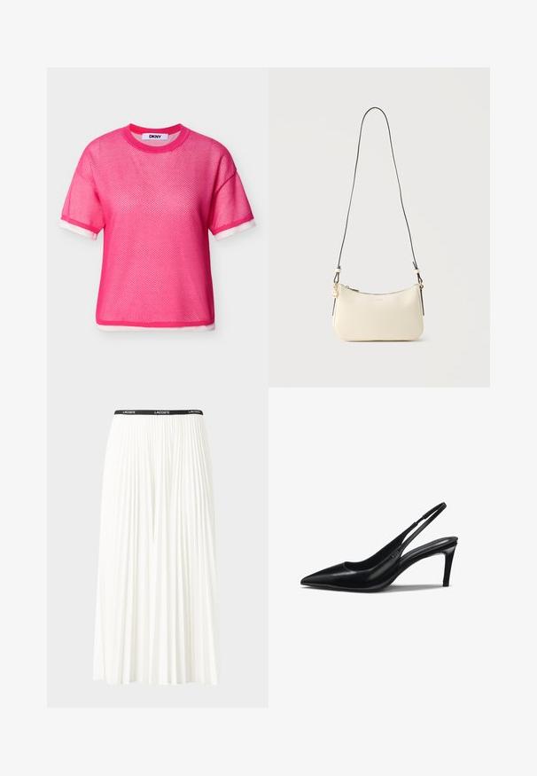 Haut en maille rose vif à manches courtes avec bordure blanche aux poignets et à l'ourlet, col rond, et étiquette DKNY à l'intérieur du col.; Jupe plissée blanche avec une taille élastique noire portant le logo "LACOSTE". Design mi-long avec une texture douce.; Chaussure à talon haut en cuir noir à bout pointu avec un talon aiguillon fin et une bride étroite autour du talon.; Petit sac à bandoulière en cuir crème avec une fine sangle noire, une fermeture éclair dorée et un petit logo BOSS doré sur le devant.