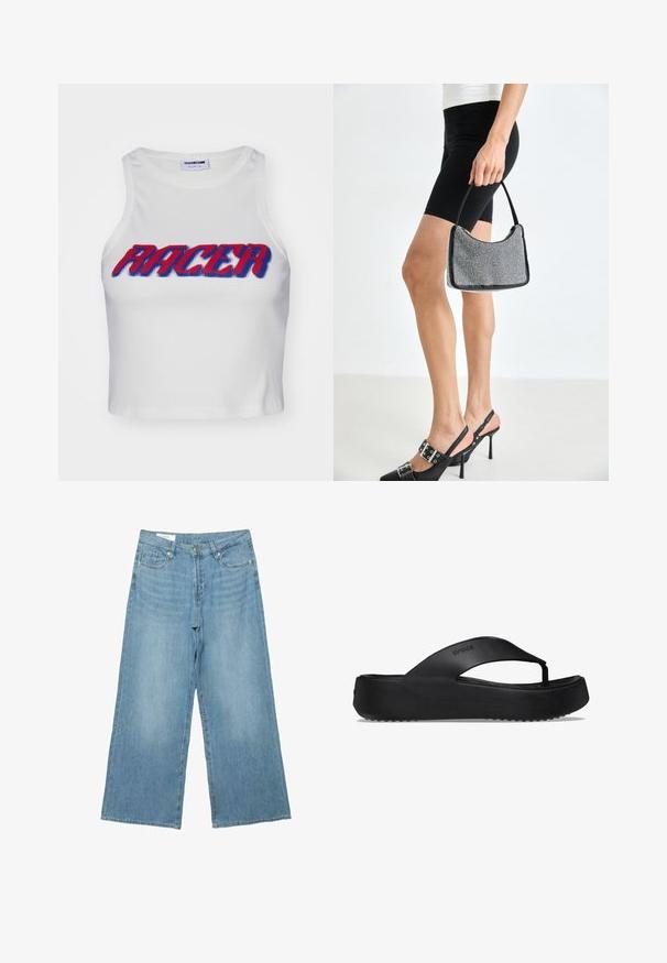 Witte geribde cropped tanktop met het woord "RACER" in vetgedrukte rode en blauwe letters op de voorkant.; Lichtblauwe denim jeans met wijde pijpen, een knoop en rits aan de voorkant, voor- en achterzakken, en riemlussen.; Zwarte flip-flop sandaal met een verhoogde zool, gemaakt van rubbermateriaal. Kenmerkt zich door een teenband en een gestructureerde voetbed voor grip.; Zwarte beaded handtas met een gebogen silhouet, draaghandvat en glanzende textuur. Draagt bij hoge zwarte hakken en strakke zwarte shorts.
